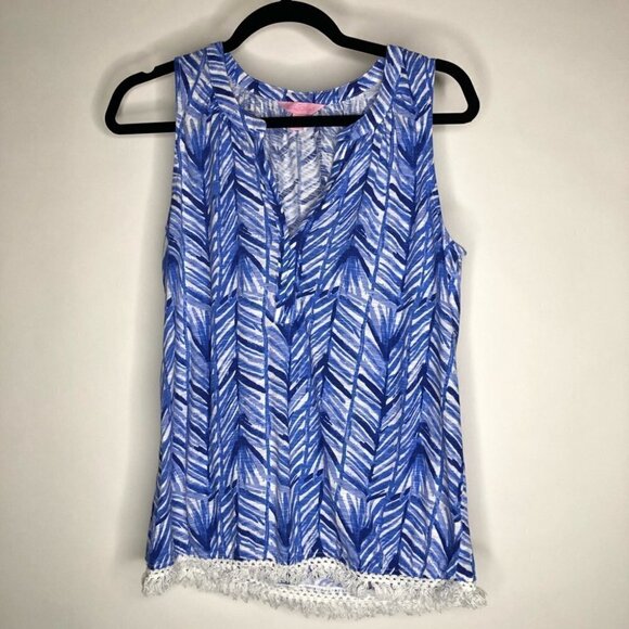 Lilly PULITZER Kipper Lapis Periwinkle Blue Fern Beachy Boho Chic Fringe Tank - Picture 2 of 13